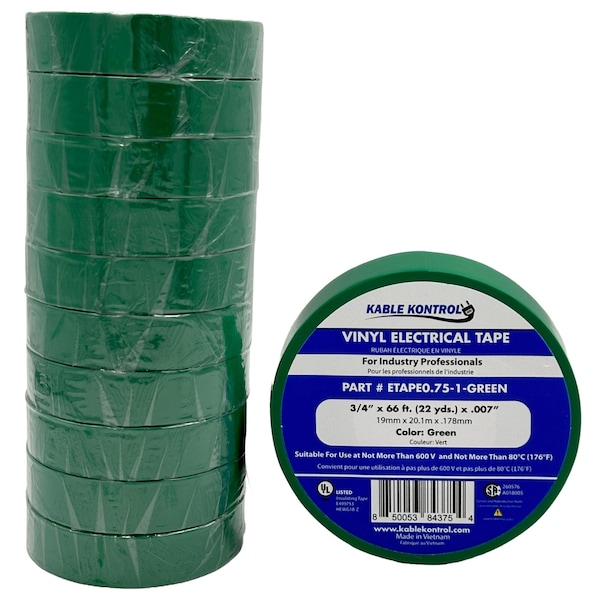 Kable Kontrol PVC Electrical Tape, 3/4'' Wide x 60' Long, Rated For 600V, GREEN ETAPE0.75-1-GREEN - main